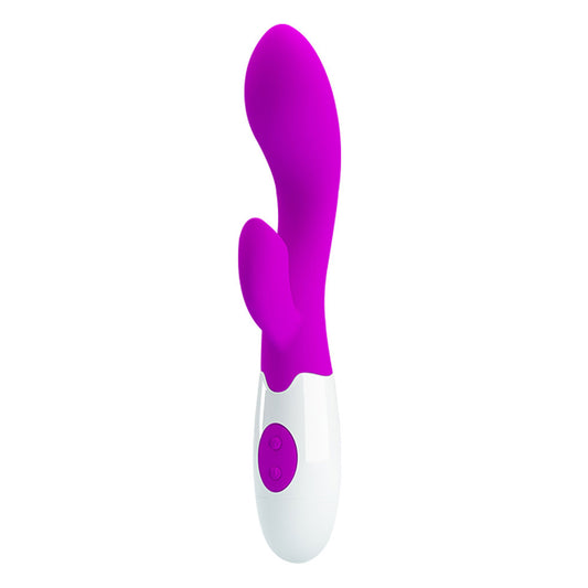 A purple and white rabbit style vibrator with a rolling ball tip and an external extension for clitoral and G-Spot stimulation standing vertically against a white background.