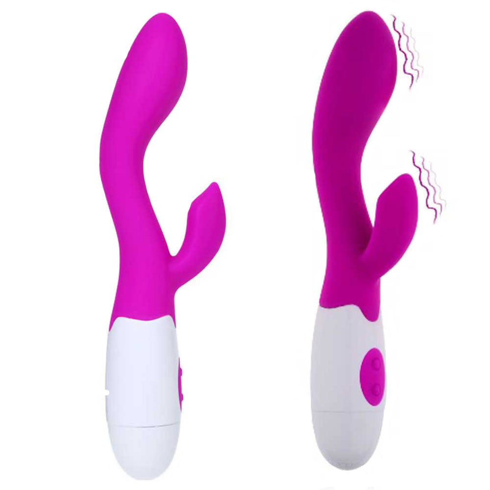 Two purple and white rabbit style vibrators with rolling ball tips and external extensions for clitoral and G-Spot stimulation. One of the vibrators shows  waves of various vibration intensities.