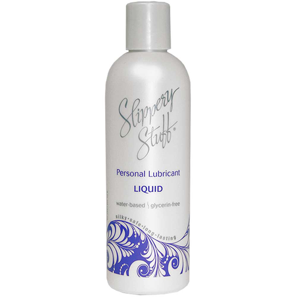 An 8oz bottle of Slippery Stuff Liquid personal lubricant with a white and blue label design. The bottle describes that the lubricant is water-based and glycerin-free.