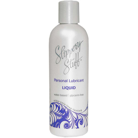 An 8oz bottle of Slippery Stuff Liquid personal lubricant with a white and blue label design. The bottle describes that the lubricant is water-based and glycerin-free.