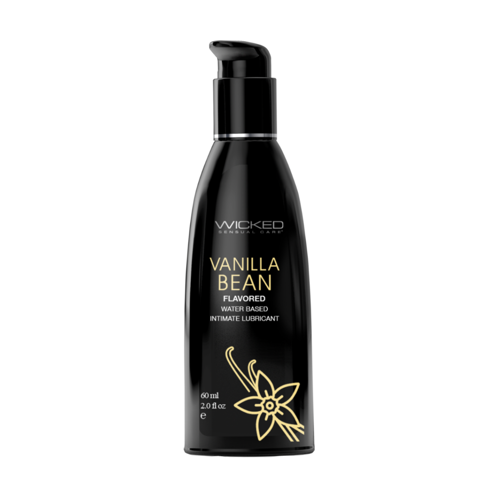 A 2 fl oz black bottle of Wicked Vanilla Bean flavored lubricant against a white background.