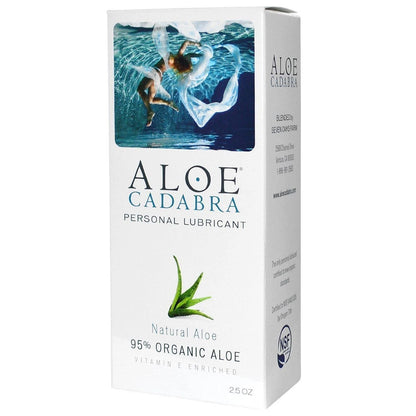 Packaging of Aloe Cadabra, a natural aloe based lubricant with an image of a woman swimming underwater. The packaging is white with blue text. The right side of the package is visible which describes where the product is made, lists the brands website, and makes note of its organic nature.