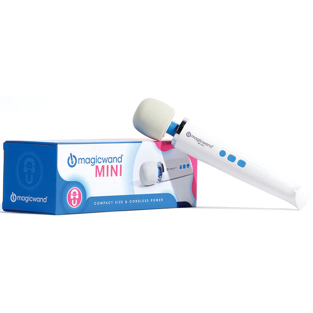This image shows the magic wand mini rechargeable vibrator leaning on its blue, white, and pink box on a white background. The box reads: Magic Wand Mini. Compact Size & Cordless Power.
