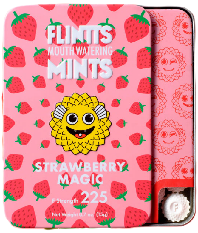 Flintts Strawberry Magic mints tin with strawberry pattern and yellow cartoon character.