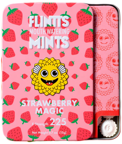 Flintts Strawberry Magic mints tin with strawberry pattern and yellow cartoon character.