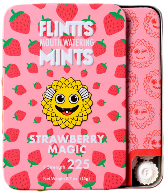 Flintts Strawberry Magic mints tin with strawberry pattern and yellow cartoon character.